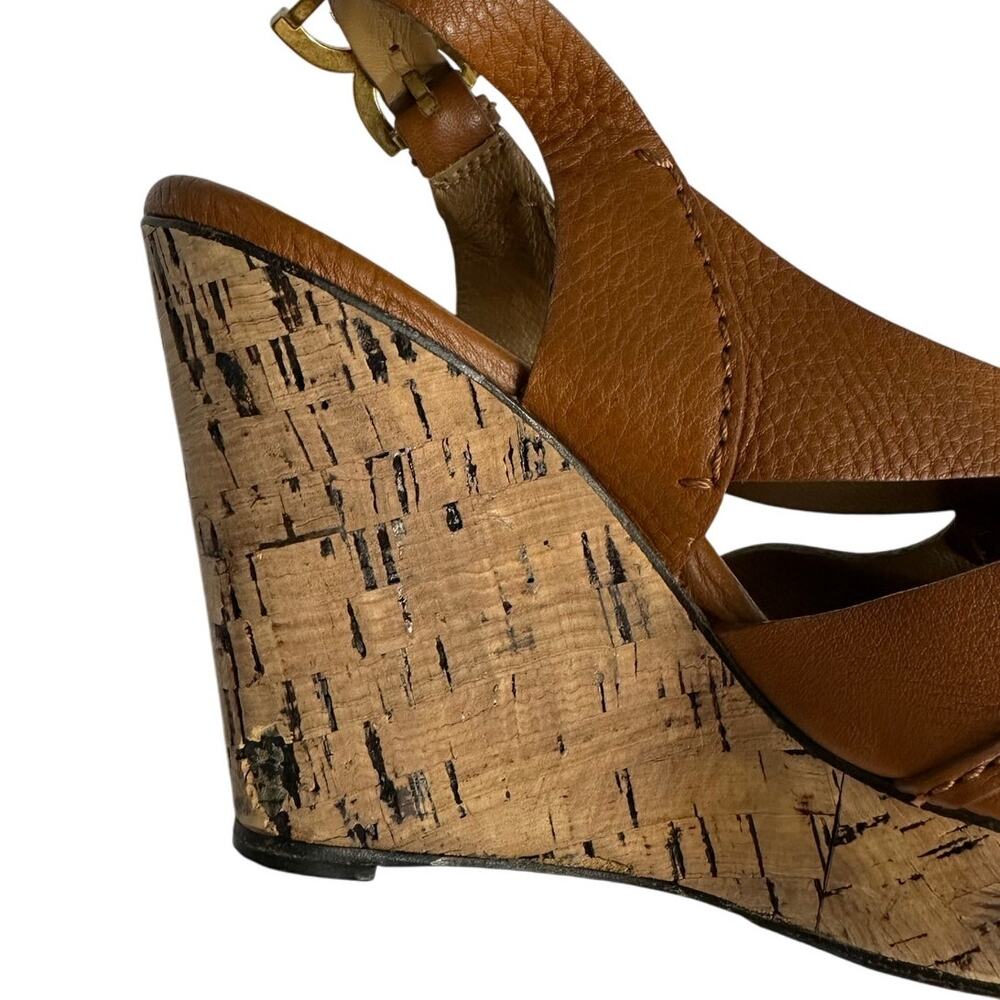 Chloe Brown Platform Sandals Leather Ankle Strap Cork Wedge - Picture 8 of 10